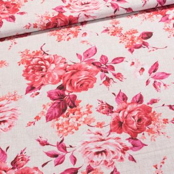 Směsové plátno 303030 MASAVE ČERVENÁ, červené květy na režné, š.140cm (látka v metráži)