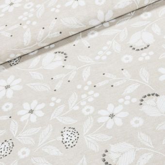 Směsové plátno ADA BÉŽOVÁ, bílé květiny, š.140cm (látka v metráži)