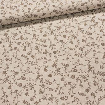 Směsové plátno F-6245 šedé popínavé rostliny na režné, š.140cm (látka v metráži)