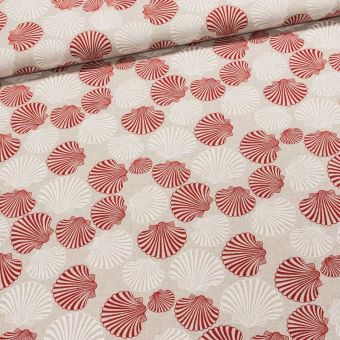 Směsové plátno PETXINA bílé a červené mušle na režné, š.140cm (látka v metráži)