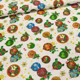 Směsové plátno vánoční BEST ozdobné vánoční baňky na režné, š.140cm (látka v metráži)