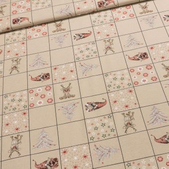 Směsové plátno vánoční CIELO CAPULETO 10 skřítci, stromečky a hvězdičky ve čtvercích na režné, š.140cm (látka v metráži)