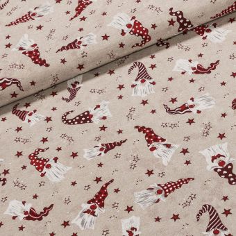 Směsové plátno vánoční GNOMOS ROJO červený skřítek na režné, š.140cm (látka v metráži)