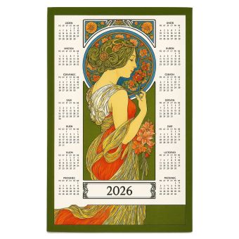 Textilní kalendář, utěrka ALFONS MUCHA 2026, zelený, 45x65cm, bez hůlky