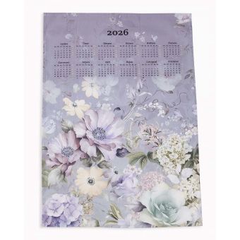 Textilní kalendář, utěrka CALIMERA 2026, květinový vzor, fialový, 50x70cm, bez hůlky