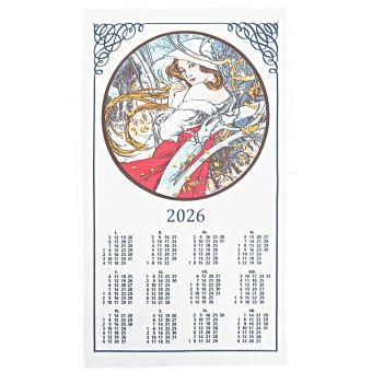 Textilní kalendář, utěrka ALFONS MUCHA PANNA 2026, bílý, 40x70cm, bez hůlky