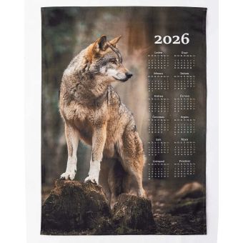 Textilní kalendář, utěrka VLK 2026, hnědo-zelený, 50x70cm, bez hůlky