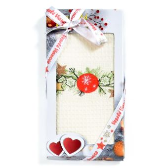 Utěrka KIARA VÁNOCE 14 vaflová vyšívaná, dárkové balení, baňka s vločkou na smetanové, 1 kus 50x70cm