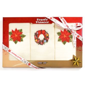 Utěrka KIARA VÁNOCE 21 vaflová vyšívaná, dárkové balení, věneček, vánoční růže na smetanové, 3 kusy 50x70cm