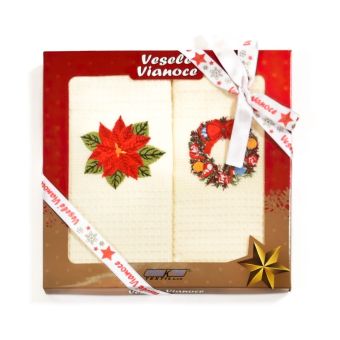 Utěrka KIARA VÁNOCE 59 vaflová vyšívaná, dárkové balení, věneček, vánoční růže na smetanové, 2 kusy 50x70cm