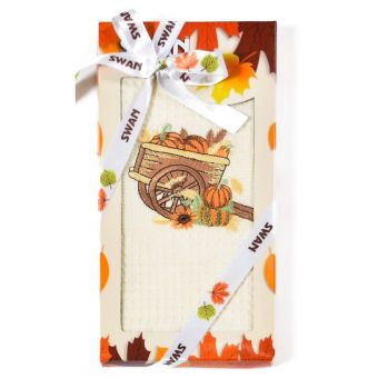 Utěrka SWAN 61 vaflová vyšívaná, dárkové balení, vozík s dýněmi na smetanové, 1 kus 50x70cm