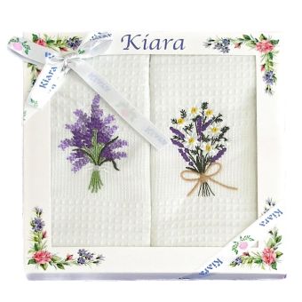 Utěrky KIARA 102 vaflové vyšívané, dárkové balení,  levandule a kopretiny na bílé, 2 kusy 50x70cm