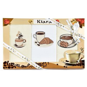 Utěrky KIARA 108 vaflové vyšívané, dárkové balení, káva a pečivo, bílá a smetanová, 3 kusy 50x70cm