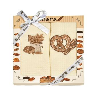 Utěrky KIARA 152 vaflové vyšívané, dárkové balení, pečivo a preclík na smetanové, 2 kusy 50x70cm