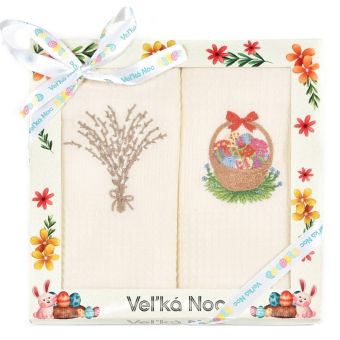 Utěrky KIARA VELIKONOCE 08 vaflové vyšívané, dárkové balení, kočičky vrby, kraslice na smetanové, 2 kusy 50x70cm