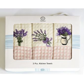 Utěrky MERLIN 93 vaflové vyšívané, dárkové balení, levandule, fialovo-světle růžová, 3 kusy 50x70cm