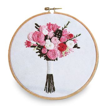 Vyšívací dárková sada s předtištěným motivem 380636/4, růžová kytice (předtisk, jehly a příze), 15x22cm