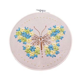Vyšívací sada s předtištěným motivem 380731/6, květinový motýl (rámeček, předtisk, jehly a příze), průměr 26,5cm