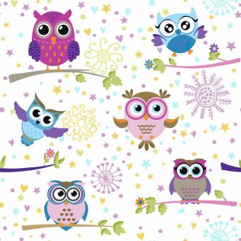 Zatemňovací / termoizolační závěs, dětský blackout 361038-101 SOVY na větvi, růžové, šířka 150cm (látka v metráži)