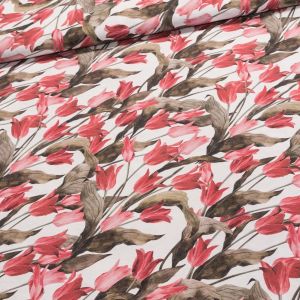 Směsové plátno červené tulipány, š.140cm (látka v metráži)