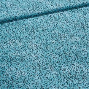 Bavlněné plátno 15656 PETROL, černé popínavé kvítka a lístky na modré, š.150cm (látka v metráži)