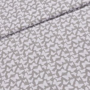 Bavlněné plátno ANIKA bílý motýlek na šedé, š.160cm (látka v metráži)