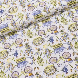 Bavlněné plátno levandule a kolo na bílé, fialová, š.140cm (látka v metráži)