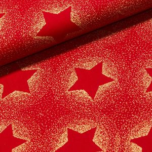 Bavlněné plátno vánoční 20706-015 zlaté velké hvězdy se třpytkami na červené, š.140cm (látka v metráži)