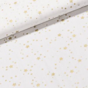 Bavlněné plátno vánoční 20709-051 zlaté různě velké hvězdičky na bílé, š.140cm (látka v metráži)