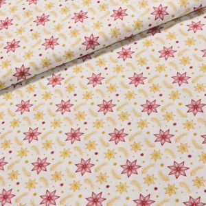 Bavlněné plátno vánoční LGB 972001 červené a zlaté hvězdičky s větvičkami na bílé, š.140cm (látka v metráži)