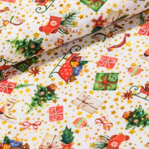 Bavlněné plátno vánoční TREND LITTLE B, dárky a sáňky na smetanové, š.150cm (látka v metráži)