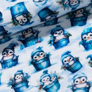 Bavlněný úplet dětský 6-23123 DIGITÁLNÍ TISK tučňáci v kyblíku, modrá, š.150cm (látka v metráži)