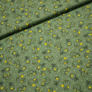 Bavlněný úplet dětský 8308-003 DINO, malí dinosauři na zelenošedé, š.145cm (látka v metráži)