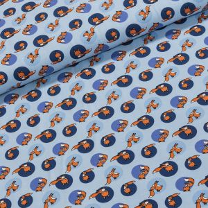 Bavlněný úplet dětský 888290581 lišky v kolečku na modré, š.150cm (látka v metráži)