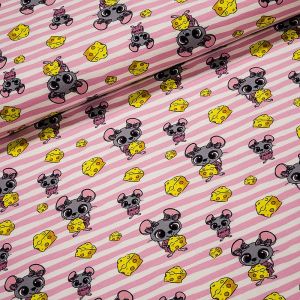 Bavlněný úplet dětský 888961212 myška se sýrem na růžovém proužku, š.150cm (látka v metráži)