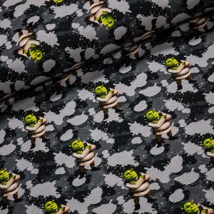 Bavlněný úplet dětský TEPLÁKOVINA 8620-004 DIGITÁLNÍ TISK SHREK, šedé kaňky, š.140cm (látka v metráži)