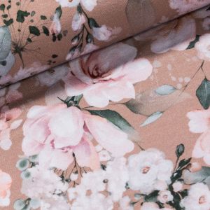 Bavlněný úplet TEPLÁKOVINA 4842 1075, lososové květy na starorůžové, š.185cm (látka v metráži)