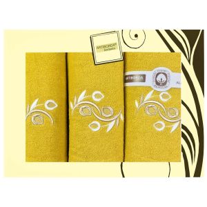 Dárkový set froté ručníků a osušek 126, 3-dílný, medová (okrová) s výšivkou, 1x 30x50cm + 1x 50x90cm + 1x 70x140cm