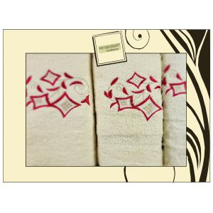 Dárkový set froté ručníků a osušek 63, 3-dílný, krémová s červenou výšivkou, 1x 30x50cm + 1x 50x90cm + 1x 70x140cm