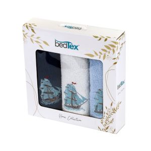 Dárkový set froté ručníků LODĚ, modrý s výšivkou, 30x50cm, 3ks