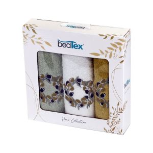 Dárkový set froté ručníků OLIVOVÝ VĚNEČEK, zelený s výšivkou, 30x50cm, 3ks