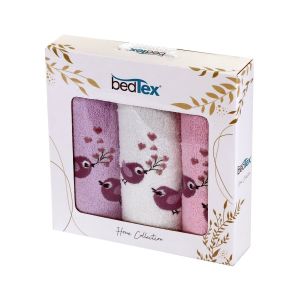 Dárkový set froté ručníků PTÁČCI, růžový s výšivkou, 30x50cm, 3ks