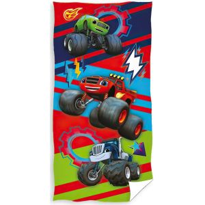 Dětská plážová osuška PLAMÍNEK A ČTYŘKOLÁCI TEĎ TO ROZPALME, modro-červená, froté, 70x140cm