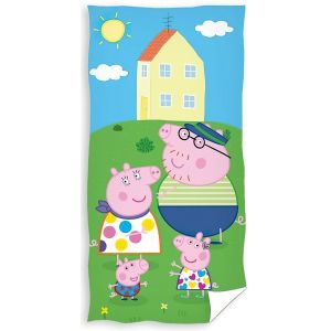 Dětská plážová osuška PRASÁTKO PEPINA (PEPPA) ZÁBAVA NA ZAHRADĚ, zeleno-modrá, froté, 70x140cm