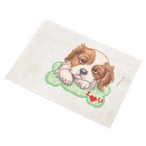 Dětská vyšívací sada s předtištěným motivem 020736/9, pejsek na peřince (předtisk, jehla a nitě), 14x20cm