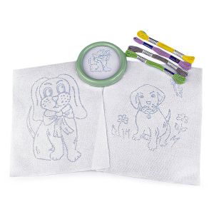 Dětská vyšívací sada s předtištěným motivem 380095/9, psi (rámeček, předtisk a příze)