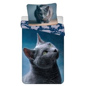 Dětské povlečení DARK CAT, fototisk, šedá kočka, bavlna hladká, 140x200cm + 70x90cm 