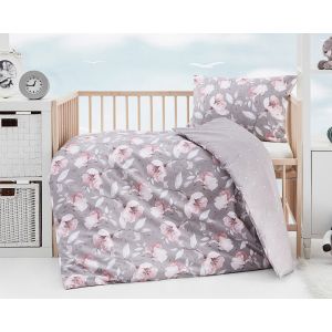 Dětské povlečení Matějovský do postýlky AMABEL BABY, růžové květy na šedé, bavlna hladká (více rozměrů)