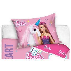 Dětské povlečení do postýlky BARBIE A DUHOVÝ JEDNOROŽEC, růžové, bavlna hladká, 100x135cm + 40x60cm 