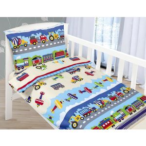 Dětské povlečení do postýlky LETADLA A AUTA, modrá s krémovou, bavlna hladká, 90x135cm + 45x60cm